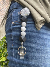 Load image into Gallery viewer, Black and White Sensory Beaded Badge Reel Fidget
